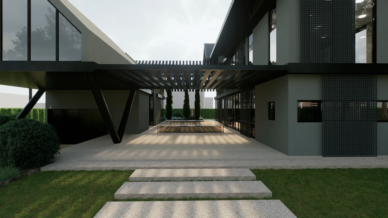 Petit-Oche 2 : pergola sur piliers en V, allée et jardin