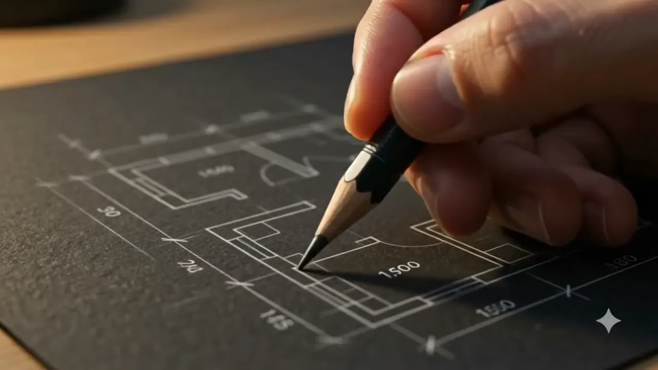 Main traçant un plan au crayon, image tirée de l'animation d'illustration